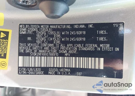 2017 Toyota Highlander Xle z USA, uszkodzony, nr VIN 5TDKZRFHXHS188910